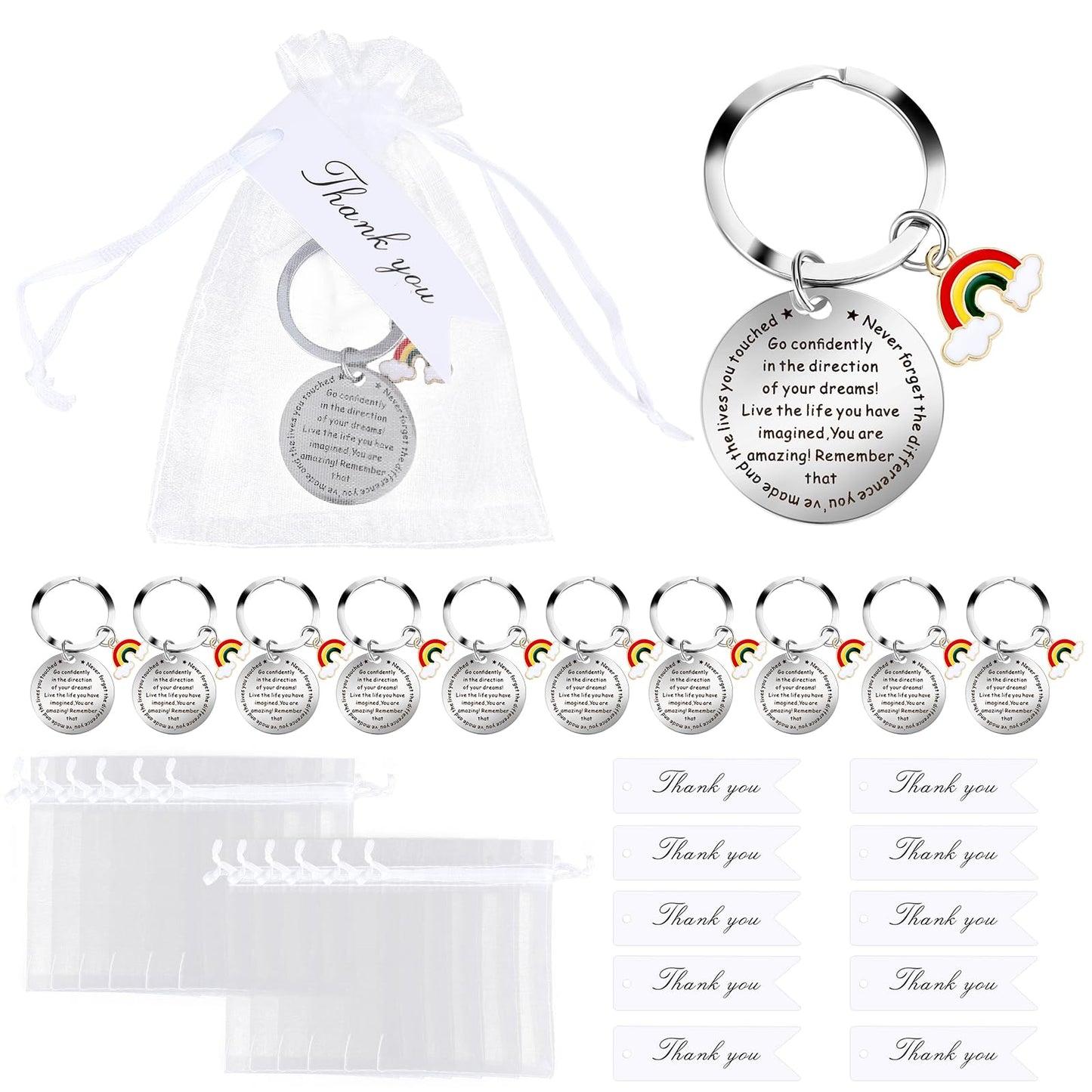 10 Sets Thank You Keychain Gifts, Thank You Gifts for Colleagues Employee Appreciation Gifts Appreciation Keychain 10 Pcs White Organza Bags and 10 Pcs Thank You Cards for Coworkers Teacher Office
