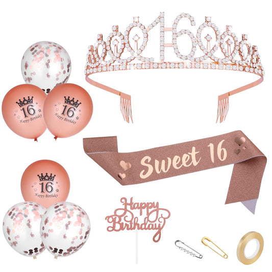 ASTER Girls 16th Birthday Tiara and Sash Set, 16th Birthday Decorative Sash & Rhinestone Crown Balloons Birthday Cake Topper, Sweet 16 Birthday Gifts for Girls, Party Favor Supplies