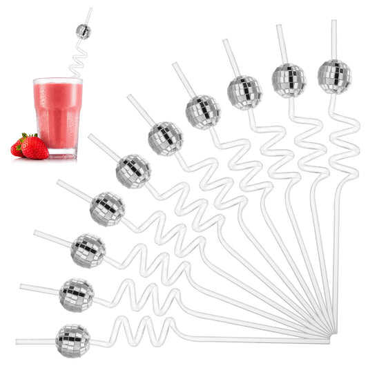 10 Pieces Disco Ball Straws, 70s Disco Party Decorations Reusable Plastic Straws Mirror Reflective Stirrers Cocktail Disco Ball Decor for Bachelorette Party Holiday Wedding Birthday Supplies (Silver)