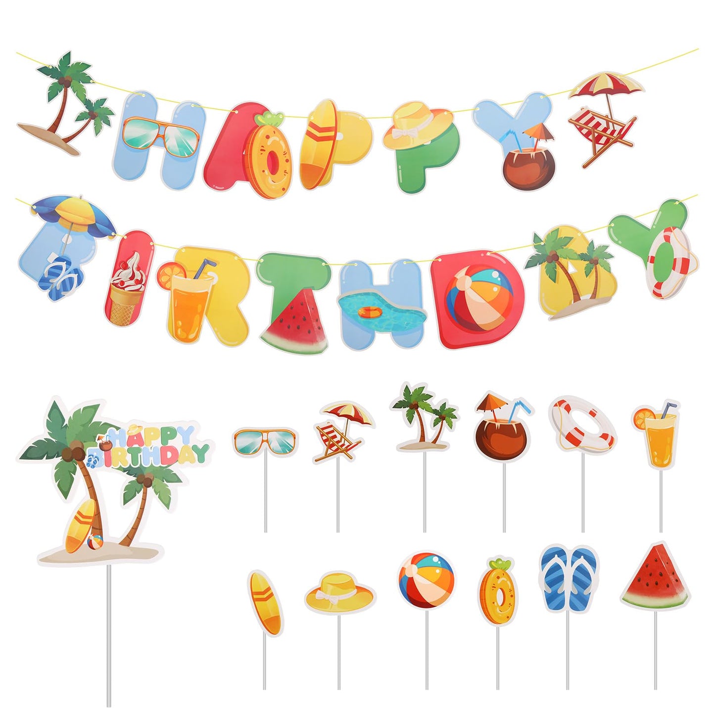 1 Set Hawaiian Happy Birthday Banner, Tropical Happy Birthday Banner, Hawaii Fruit Beach Birthday Decorations for Summer Beach Party Supplies