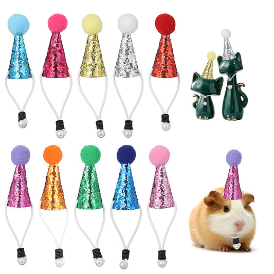 10 Pcs Mini Party Hats for Figures, Dinosaur Tiny Hats for Crafts Tiny Cone Birthday Party Hat with Tinsel Pom Poms Colorful Glitter Cone Birthday Parties Hat for Doll Parties Decor Accessories