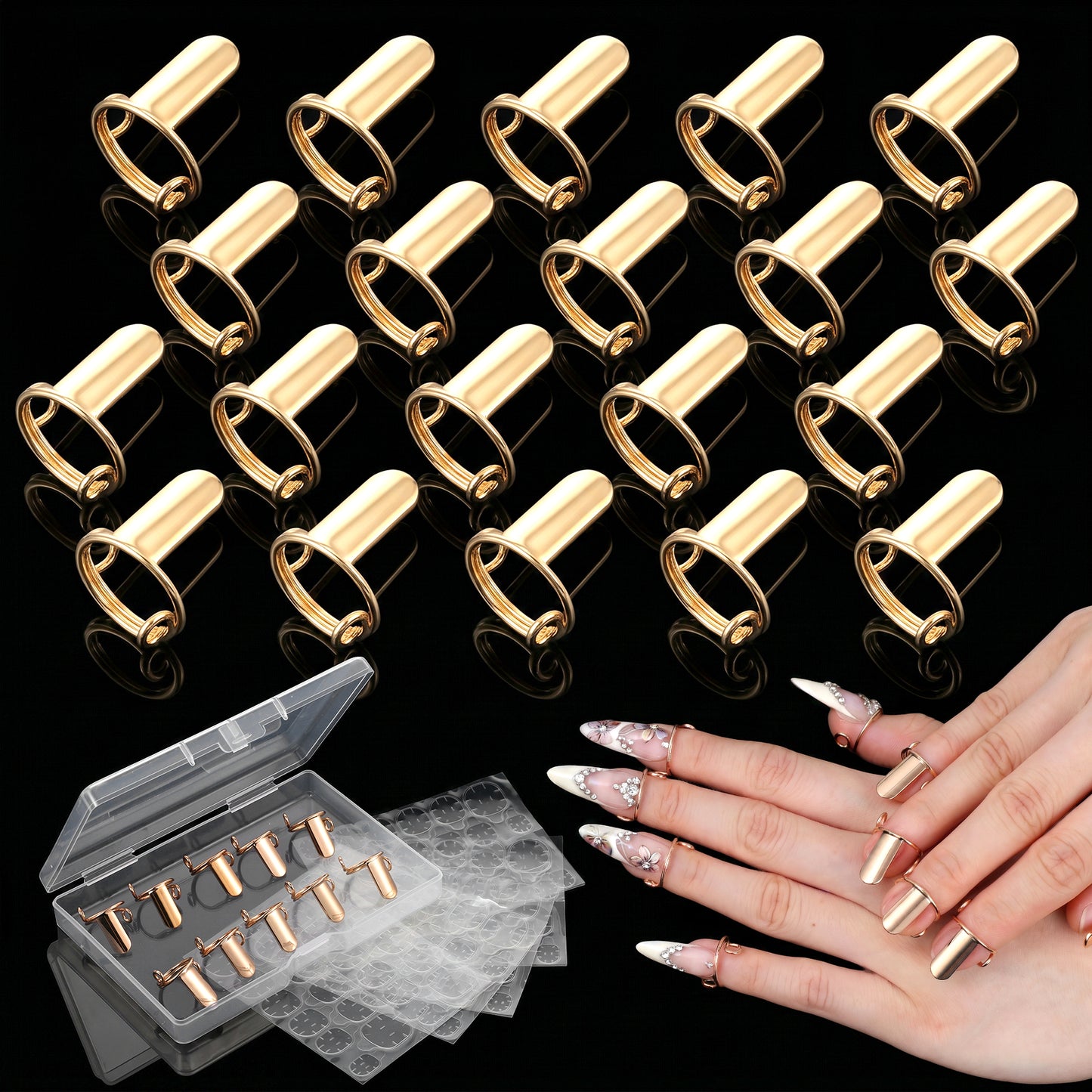 Grevosea 20Pcs Nail Rings for Women, Adjustable Nail Rings Set with 120PCS Adhesive Nail Tabs Detachable Reusable Fingernail Rings for Acrylic Nail Art Decoration Charms Accessories(Gold)