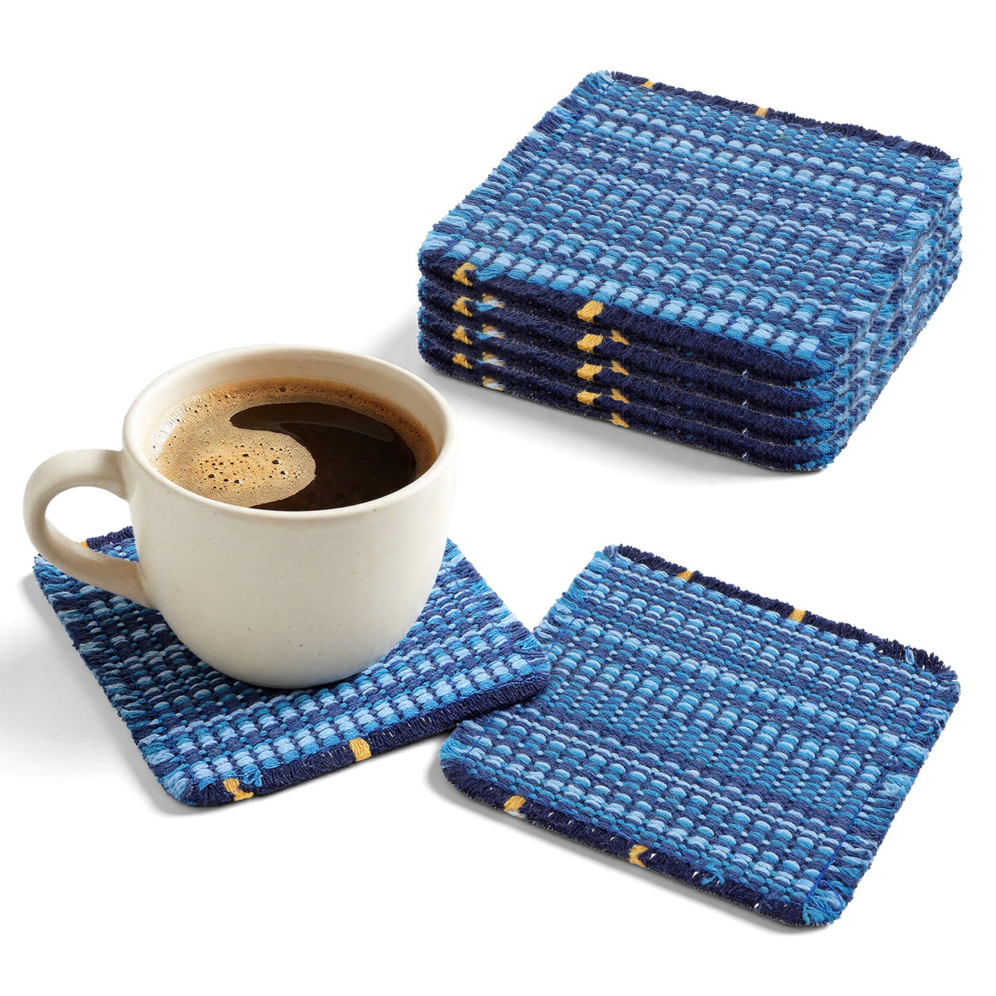 Set of 6 Blue Coasters Boho Woven Coaster Absorbent Coastal Coaster for Coffee Table Decor, Stylish Square Cotton Coasters for Drinks