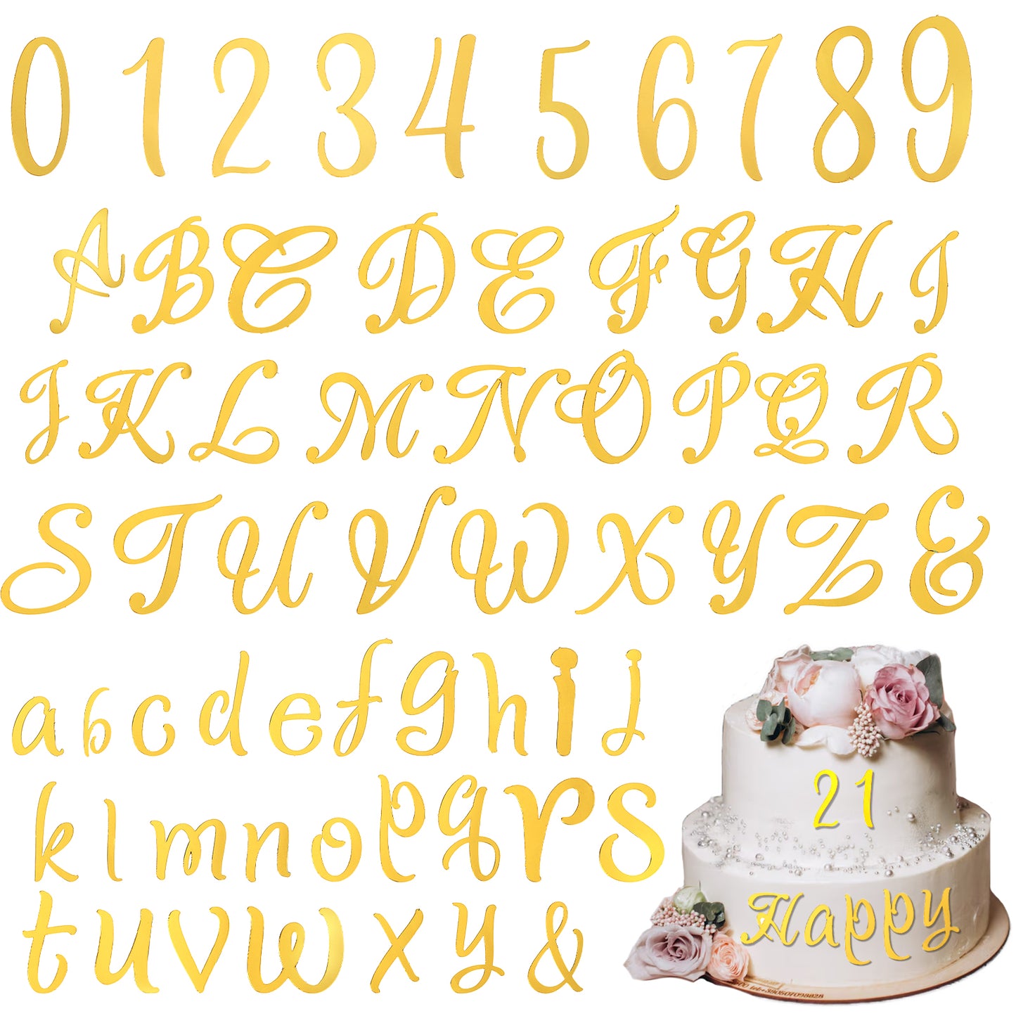 ZEYIYER 64PCS Acrylic Letters Cake Toppers, Personalized A-Z Alphabet and 0-9 Number Custom Name Letters Cake Topper for Cake Decorations, Acrylic Letters for Wedding Birthday Party(Gold)