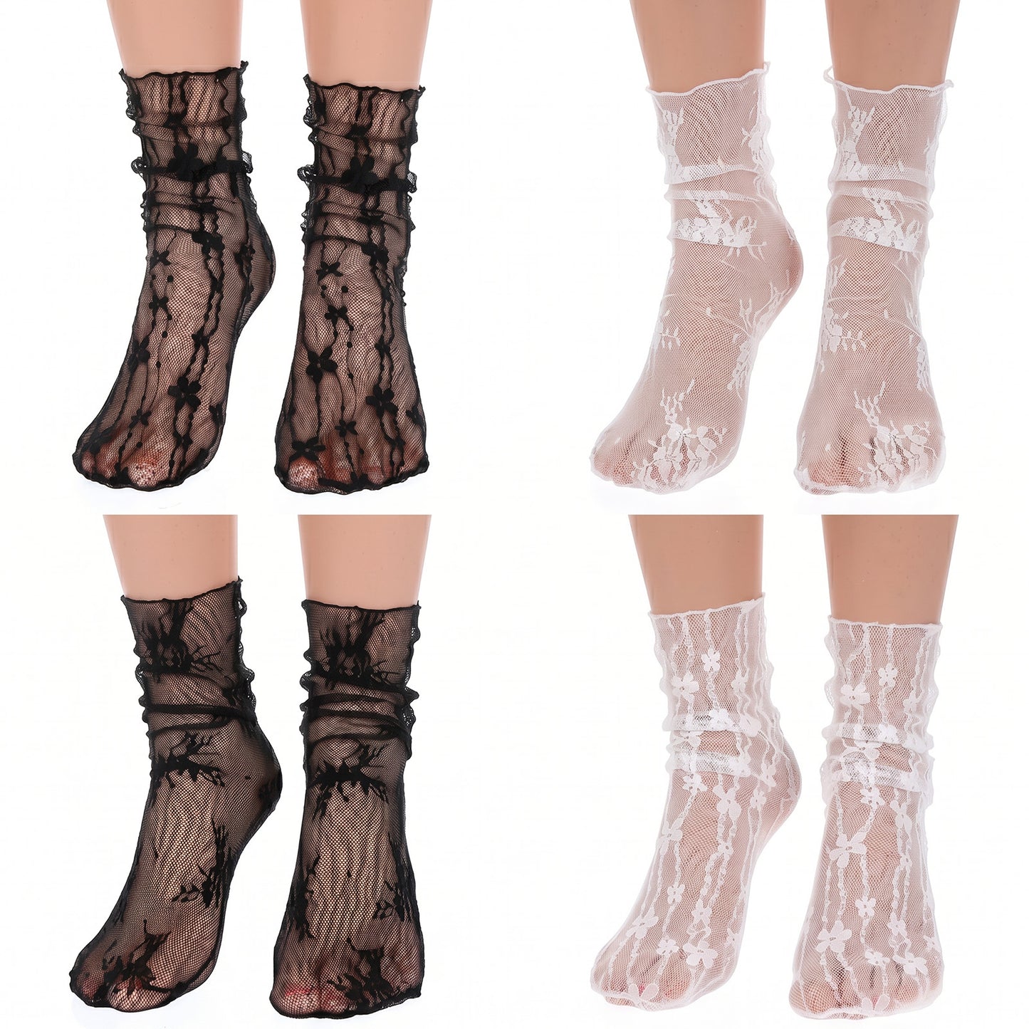ZEYIYER 4Pair Lace Ankle Socks, Floral Sheer Lace Socks for Women, Fishnet Summer Sheer Socks