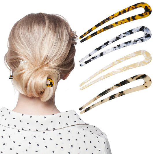 Upgraded French Hair Pins 4 Pack French Style Gradient Color U Shaped Hair Pins Vintage Hairstyle Updo Hair Forks for Woman All Hair Types Thin Thick Hair (4 Gradient Colors)