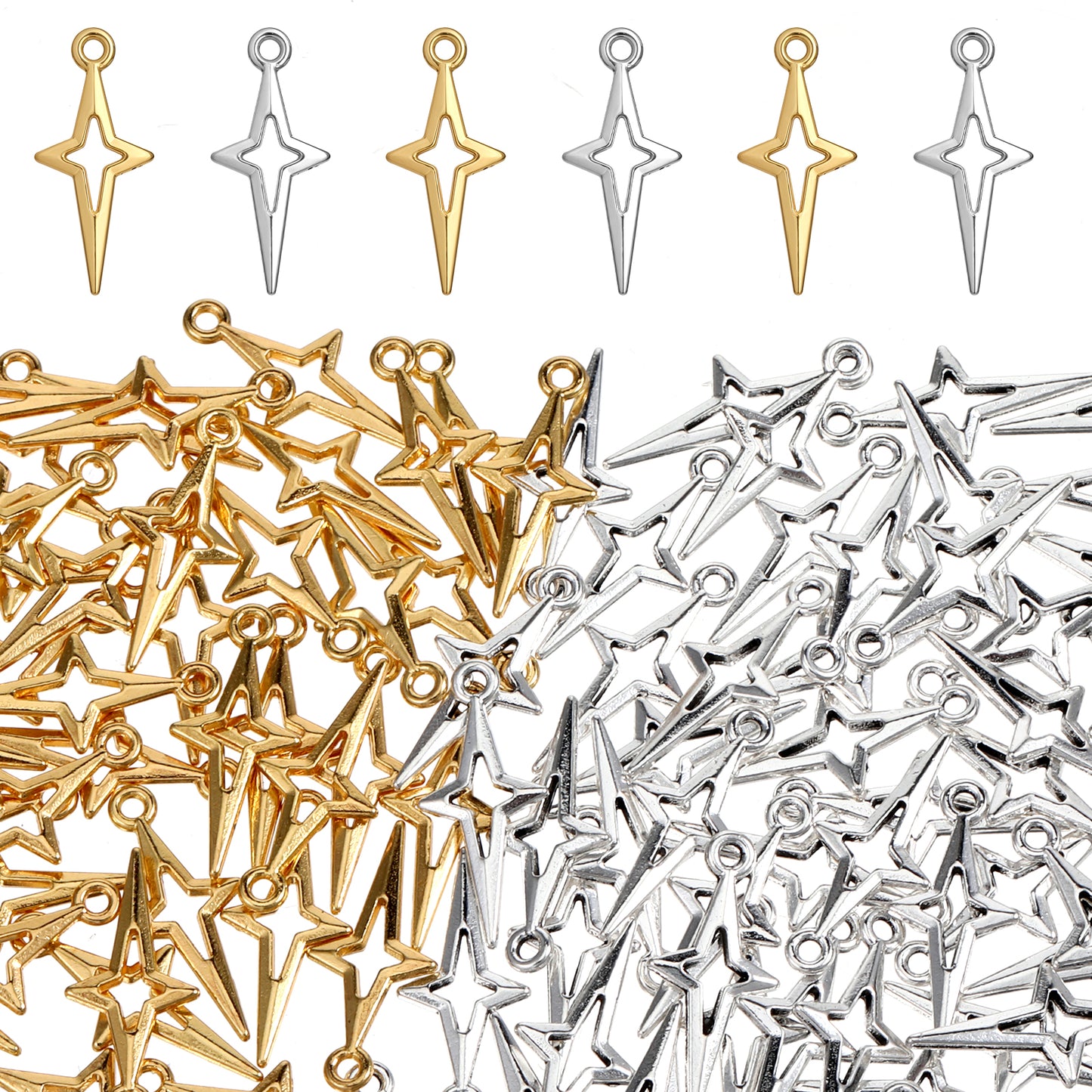 YQQYG 100 Pcs Gold Silver Star Charms, Alloy Star Pendant Charm for Jewelry Making, 0.9 * 0.4 in Mini Hollow Four-pointed Star Charms for DIY Craft, Necklace, Earring, Bracelet, Pendant, Charms