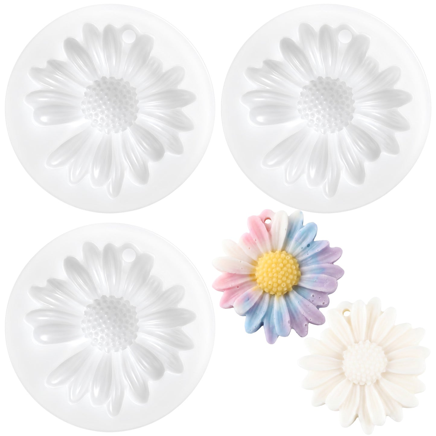 Silicone Flower Molds 3 Pcs Set, Daisy Candle Molds, 3D Flower Soap Mold Kit, White Daisy Silicone Mold for DIY Crafts, Baking, Resin, Plaster