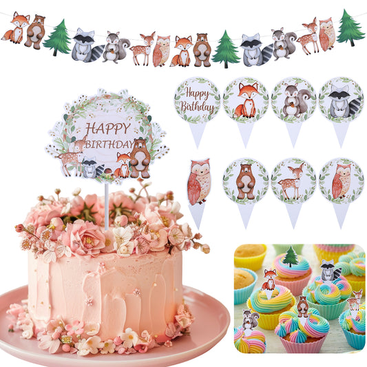 Woodland Animals Baby Shower Banner Set Included 1Pcs Woodland Animals Banner 15 Pcs Woodland Happy Birthday Cake Toppers, Woodland Birthday Decorations Woodland Theme Baby Shower Decorations