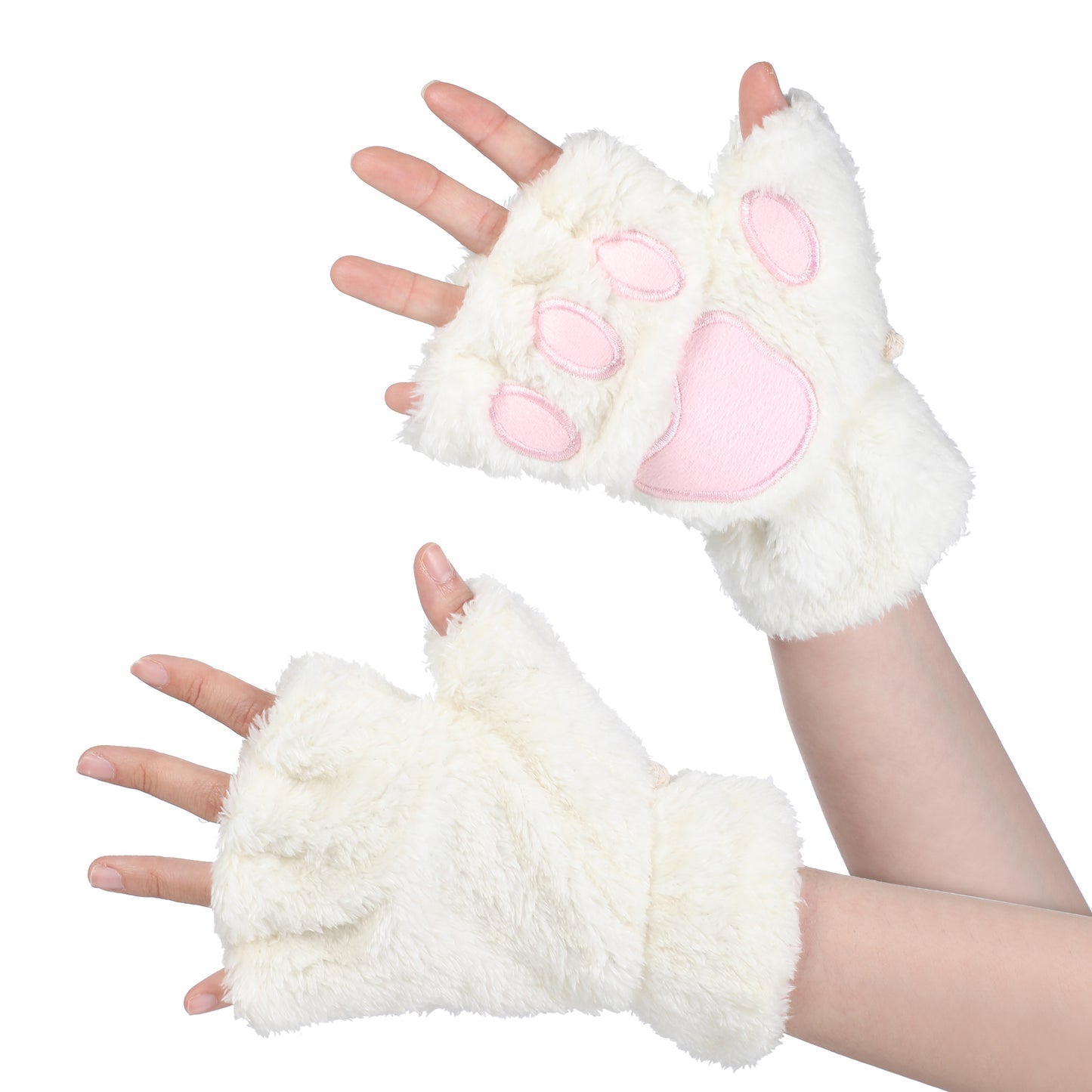 1 Pair Cat Paws Gloves Fingerless Furry Cat Paw Womens Cat Paw Gloves Cosplay Faux Fur Plush Cat Gloves Bear Furry Paws Winter Fingerless Gloves One Size for Girls Women (White)