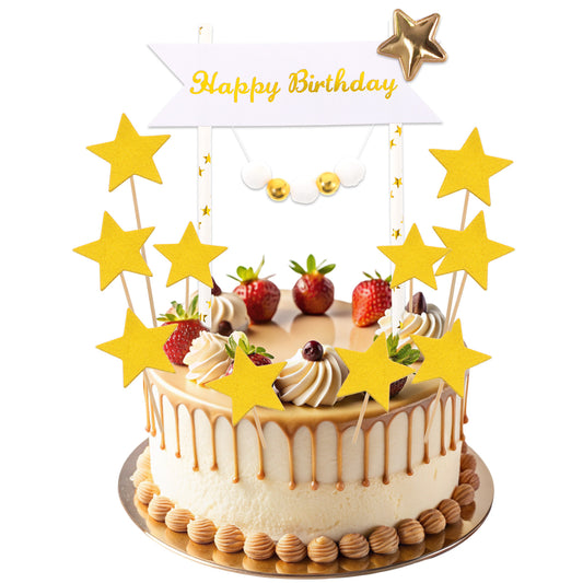 1 Set Pearl Happy Birthday Cake Toppers, Cake Topper Happy Birthday with Gold Star Cakes Toppers, Cakes Topper Personalised for Party, Anniversary