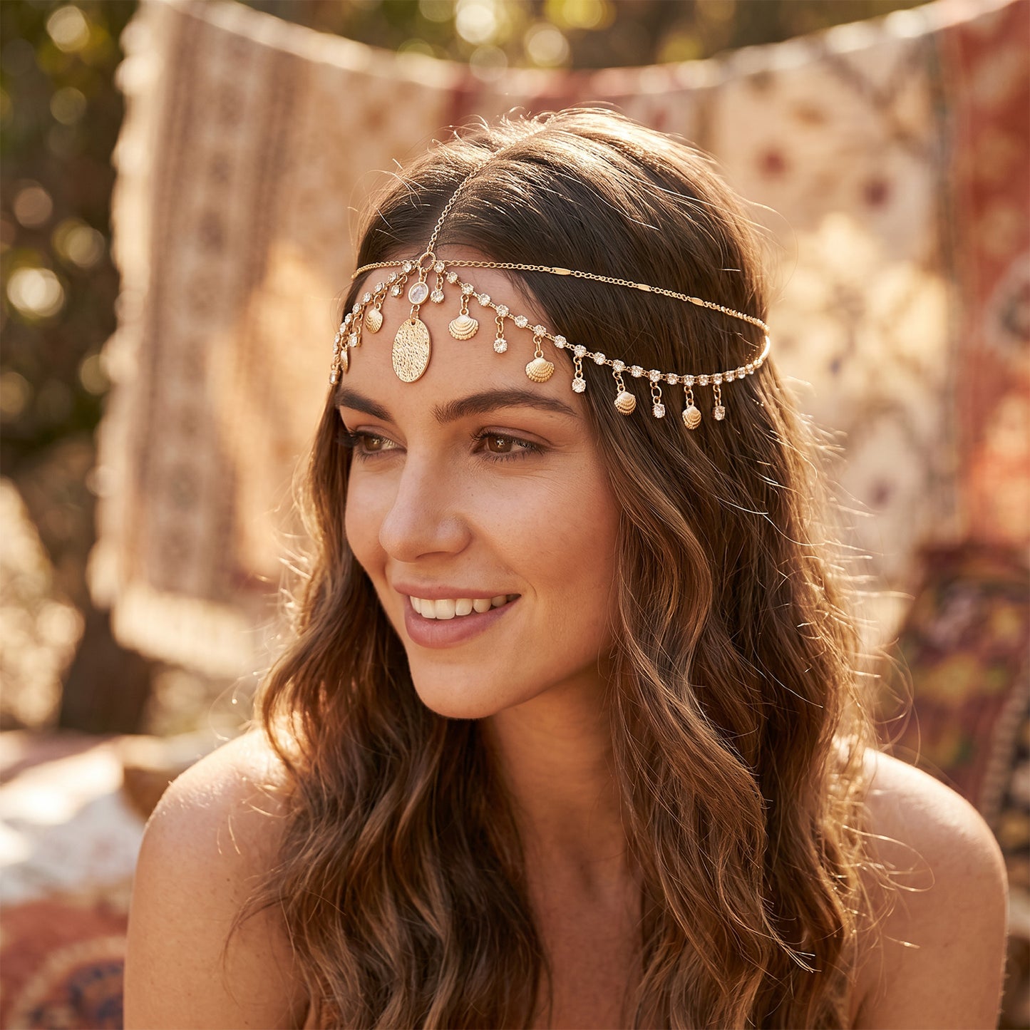 Rhinestones Boho Head Chain Jewelry, Gold Bohemian Layered Festival Costume Headpieces Halloween Costume Headpiece Egyptian Prom Accessories Headbands for Women