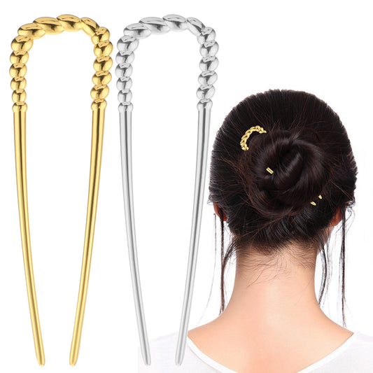 YQQYG 2PCS French Hair Pin, Metal U Shape Hair Forks for Women, Cute Twist Hairpins for Long Hair, Large Silver Gold Hair Sticks, Vintage 2 Prong Hair Accessories for Bun Updo, Medium Hair