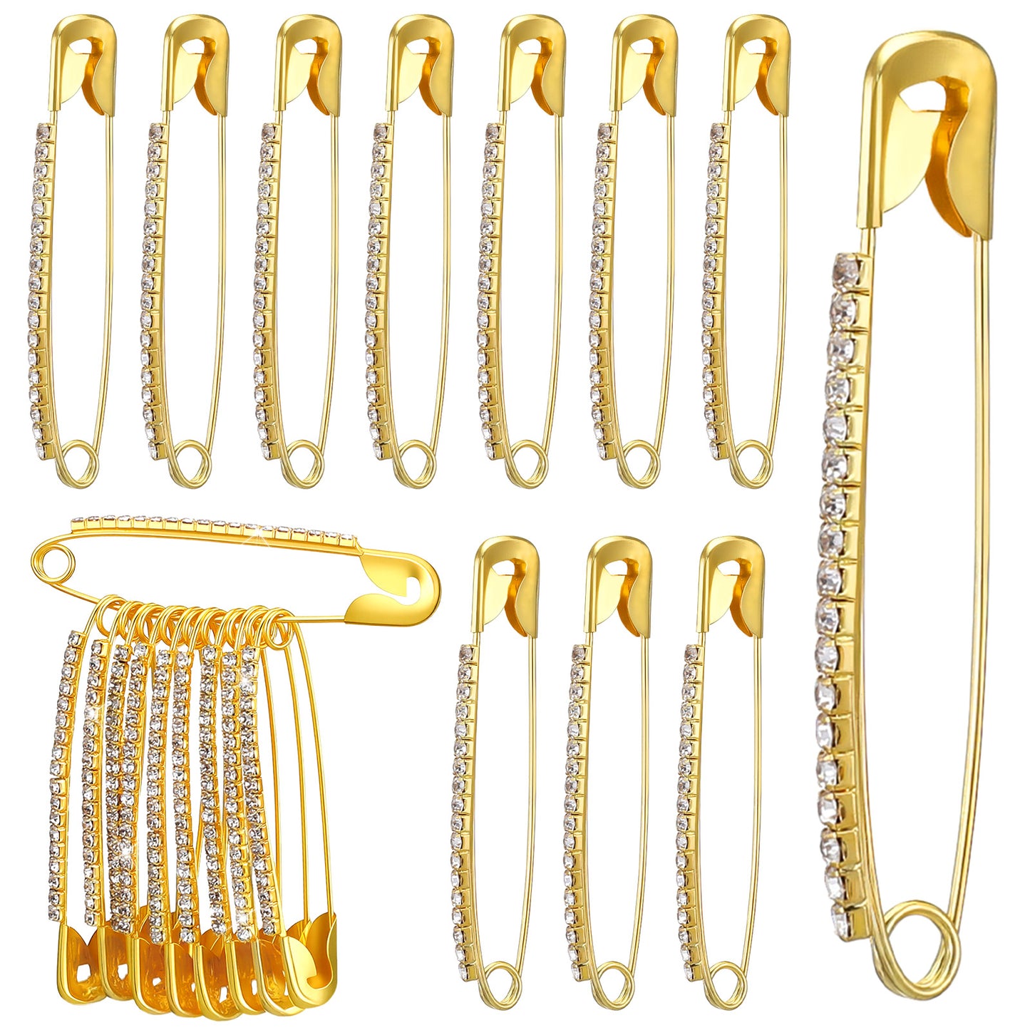 10 Pcs Gold Rhinestone Safety Pins, Decorative Brooch Pins for Women Sparkly Large Crystal Safety Pins for Scarf Shawl Jeans Sweaters Dresses Lapel Hats