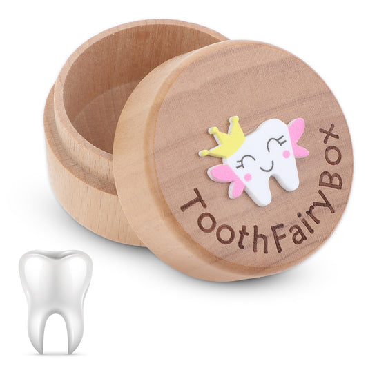 Tooth Keepsake Box Lost Teeth Holder Wooden Tooth Fairy Box with 3D Carved Tooth, Souvenir Dropped Tooth for First Lost Teeth or Kids Boys and Girls Baby Shower
