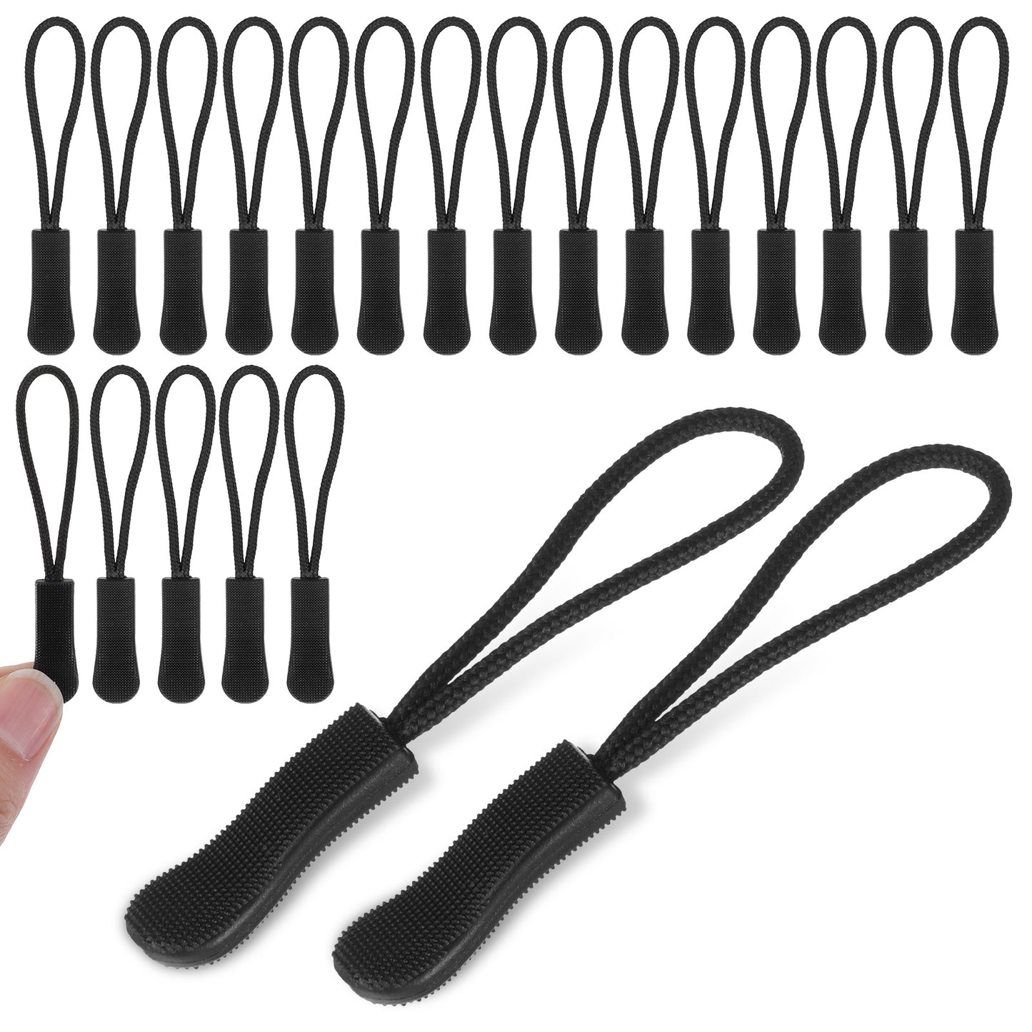 20 Pcs Zipper Pull Cord Replacement, Black Zipper Pull Tab Extender for Backpacks Jackets Luggage, Paracord Zippers Fixer for Bags Coats Boots Purses, Repair Kit