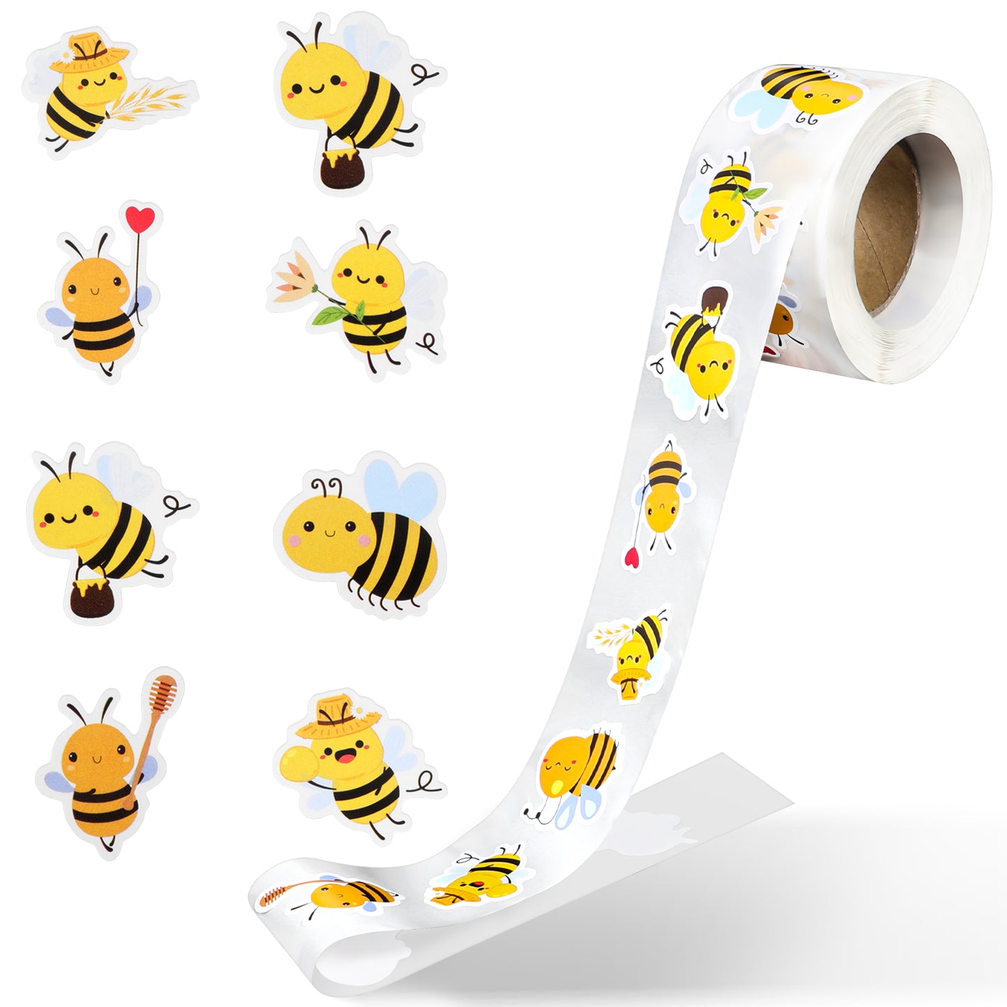 1 Roll Cute Bee Stickers, 500PCS Honey Bee Stickers, Animal Sticker, Self-Adhesive Reward Decals for Kids, 8 Styles Bee-Theme Sticker for Birthday, Baby Shower, Teacher Reward and Home Craft