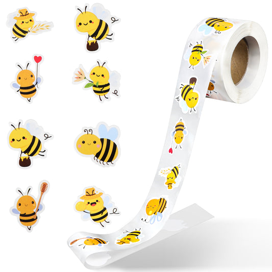 1 Roll Cute Bee Stickers, 500PCS Honey Bee Stickers, Animal Sticker, Self-Adhesive Reward Decals for Kids, 8 Styles Bee-Theme Sticker for Birthday, Baby Shower, Teacher Reward and Home Craft