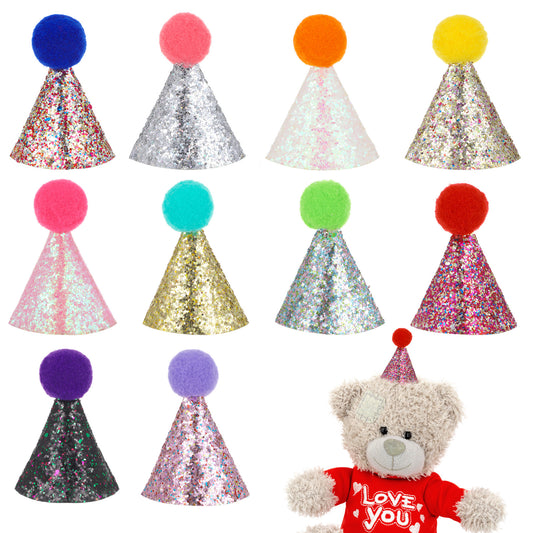 10 Pack Party Hats for Stuffed Animals, Dog Hat Cat Hat Mini Small Puppy Birthday Party Hats with Sequins Adjustable Pet Grooming Costume Accessories