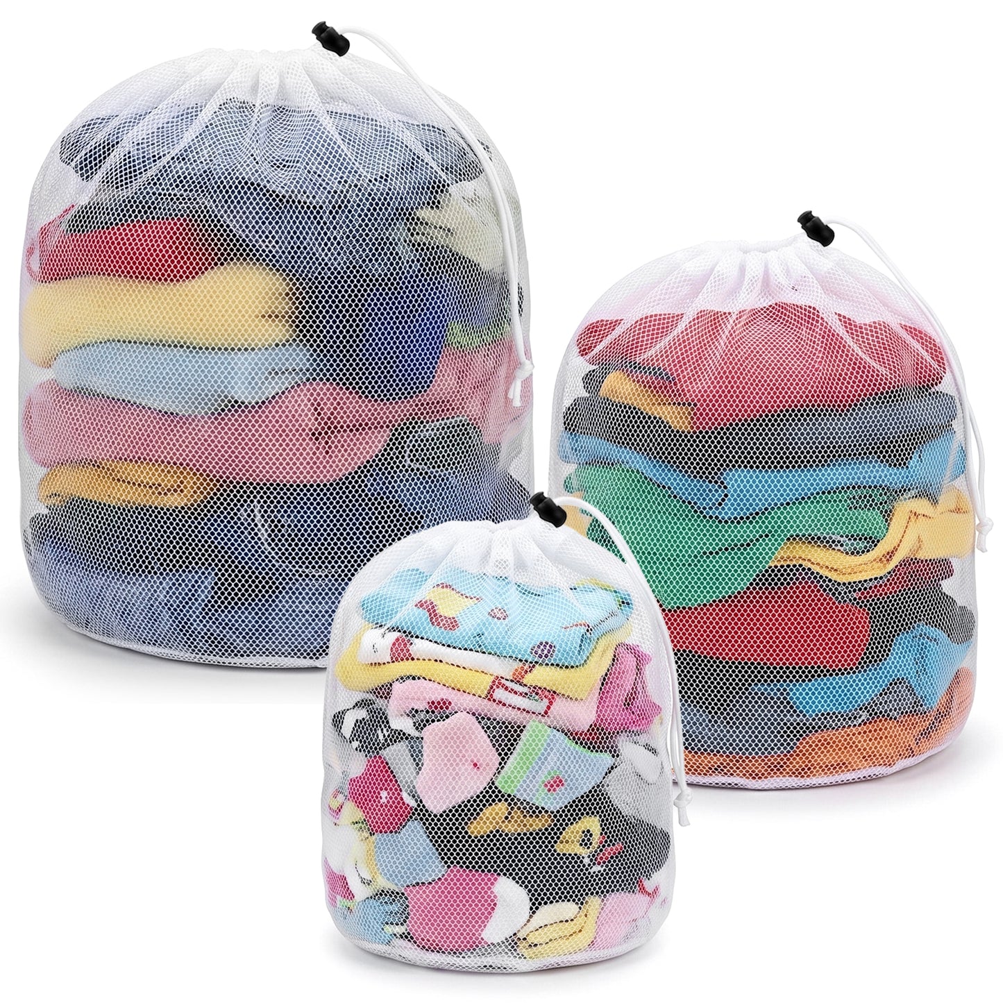 3Pcs Laundry Mesh Wash Bags, 3 Sizes Heavy Duty Mesh Laundry Bag with Drawstring Delicates Clothes Bags for College, Dorm, Travel, Hotel, Family and Apartment, White