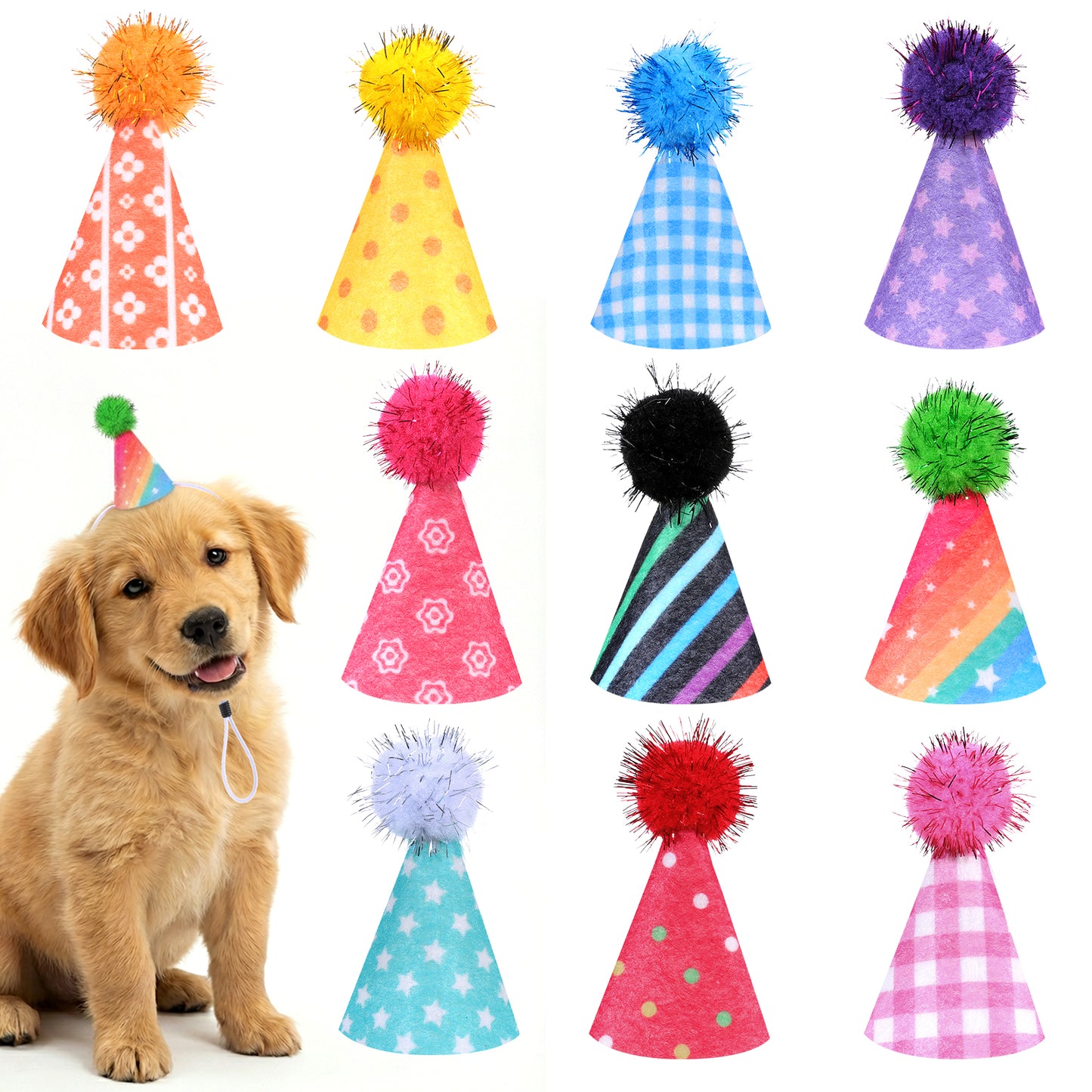 Axafazup 10 PCS Mini Party Hats for Small Dogs Cats Stuffed Animals Colorful Adjustable Felt Cone Hats with Pom Poms Pet Birthday Holiday Costume Accessories