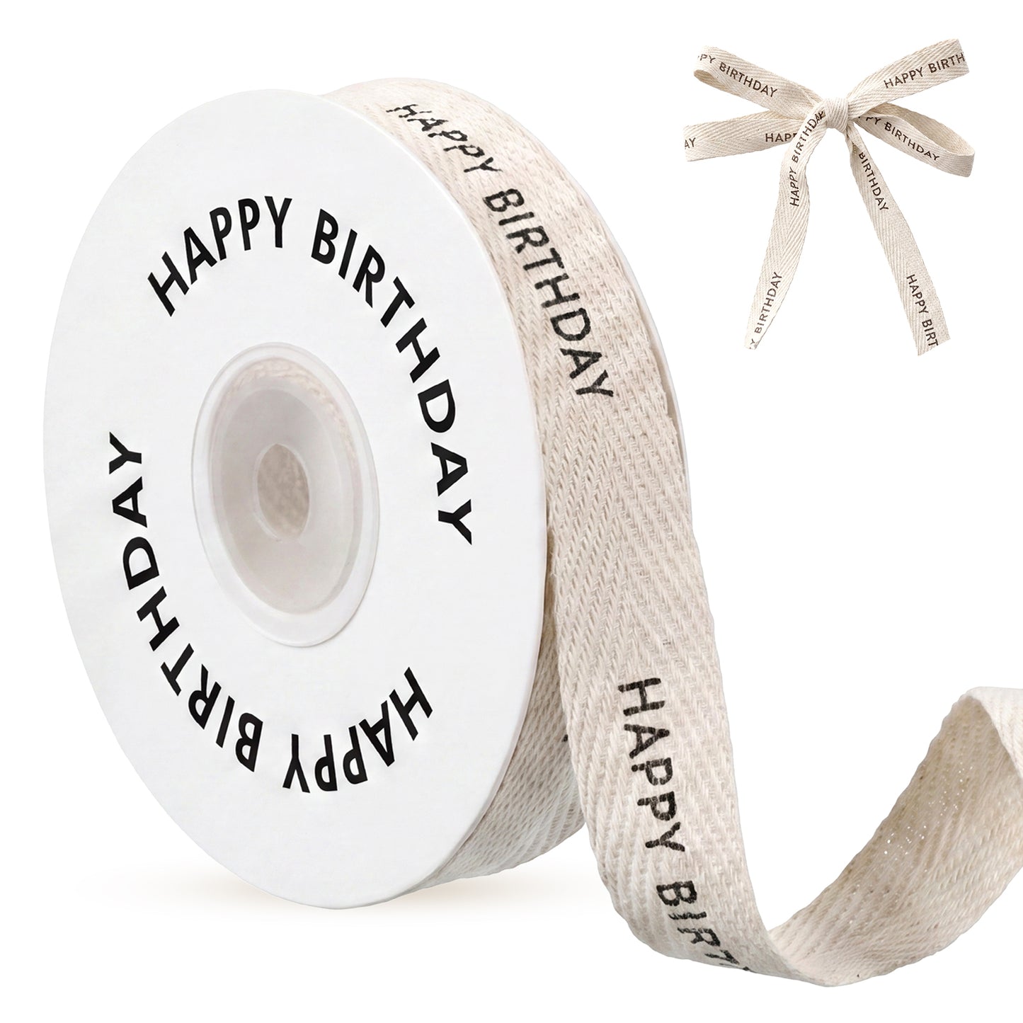 10 Yards Happy Birthday Cotton Ribbon, 5/8 Inch Natural Twill Tape Ribbon Cotton Herringbone Ribbons Gift Wrapping Ribbons for Bouquet Crafts Birthday Party Decoration Supplies