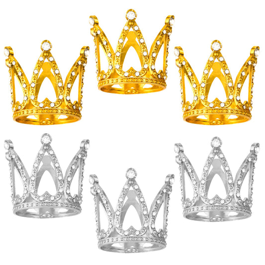 ASTER 6 Pieces Crown Cake Topper, Gold Mini Rhinestone Crown Small Baby Silver Crown Vintage Prinrcess Tiara Cake Toppers for Birthday Party Wedding Cake Decoration (Gold, Silver-6pcs)
