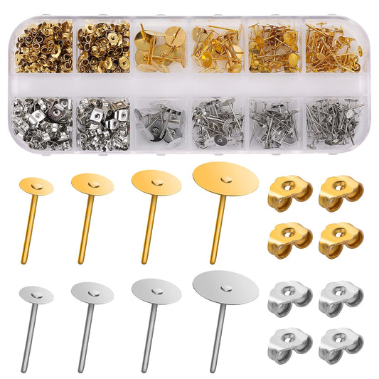 ASTER 400Pcs Earring Making Kit Stainless Steel Hypoallergenic Earring Posts Studs with Butterfly Earring Backs for Earring Making Include a Storage Box,4Sizes (4,5,6,8 mm Longth) Gold&Silver