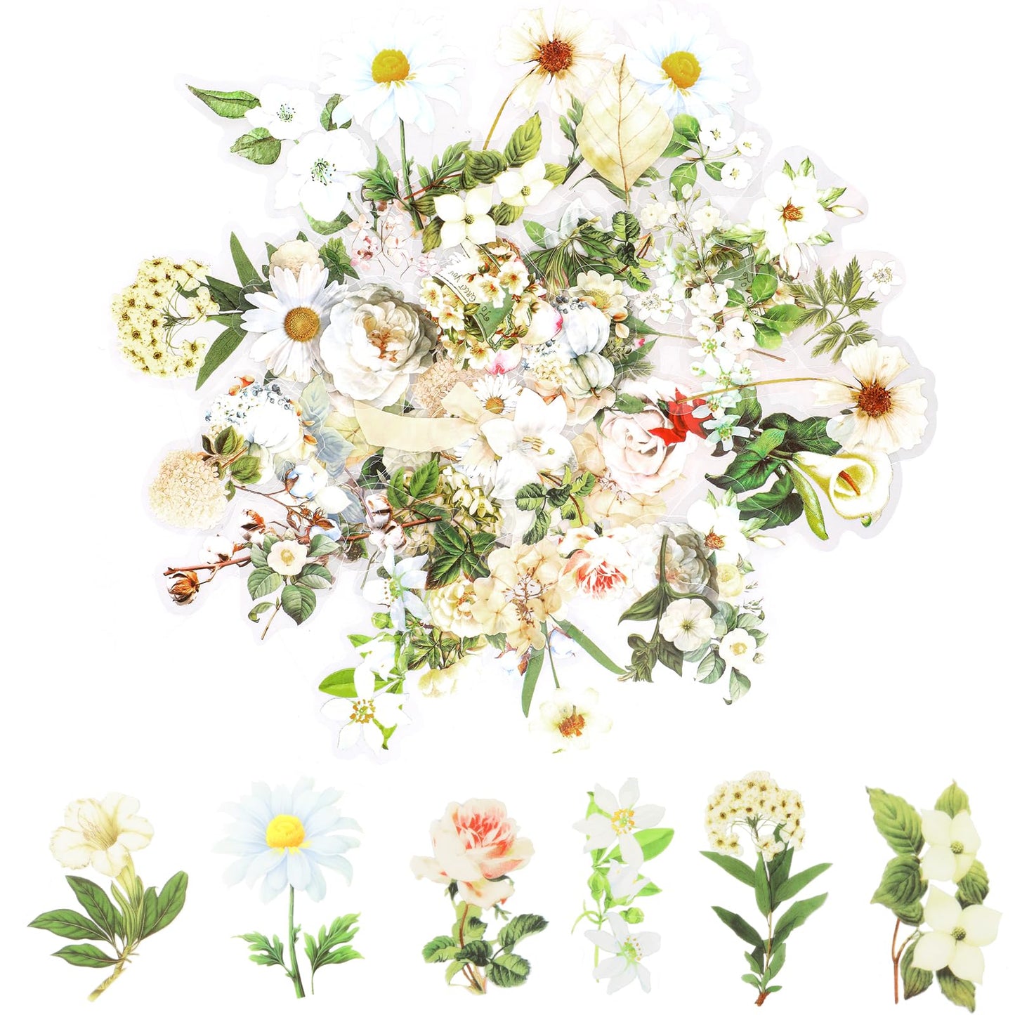 100 Flower Scrapbooking Stickers, PET Transparent Plant Stickers, Vintage Colourful Flower Stickers, Flower Stickers for Scrapbook, Photo Album, Diaries, Laptops, Cards (White)