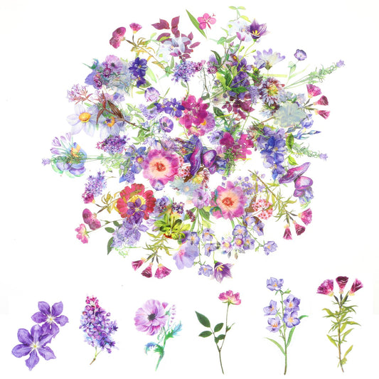 100 Flower Scrapbooking Stickers, PET Transparent Plant Stickers, Vintage Colourful Flower Stickers, Flower Stickers for Scrapbook, Photo Album, Diaries, Laptops, Cards (Purple)