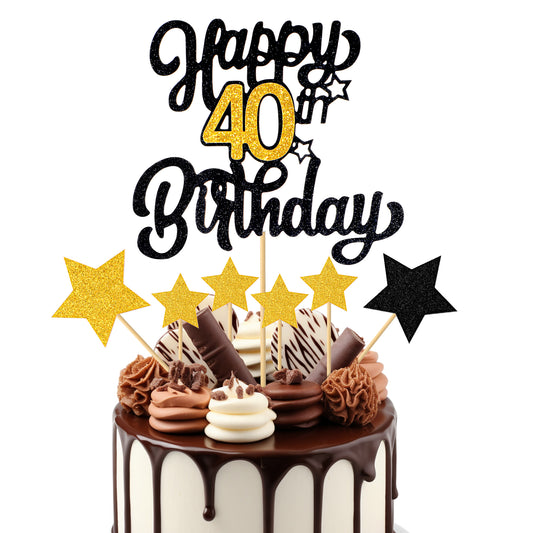 1 PCS Happy 40th Birthday Cake Topper Black Gold Glitter Cheers to 40 Years Birthday Cake Pick 40 Fabulous Cake Decoration 40th Birthday Cake Topper 40th Anniversary Cake Topper Gold Party Decorations