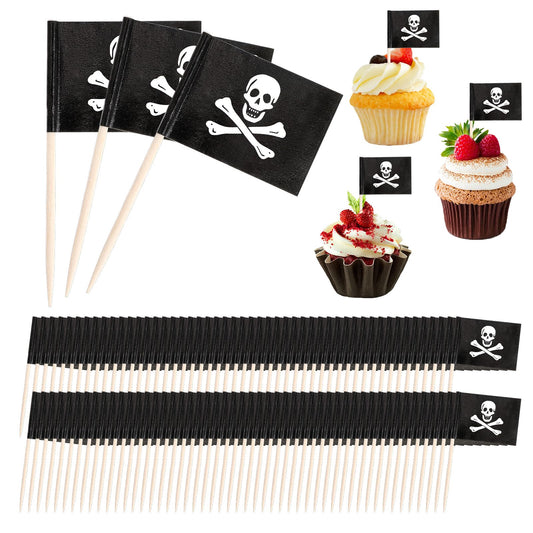 100 Pack Pirate Cupcake Toppers, Pirate Cocktail Toothpicks Flags Small Toothpick Mini Stick Cupcake Toppers Fruit Cupcakes Toppers Food Stick Flags Decorations for Party Bar Sport Events