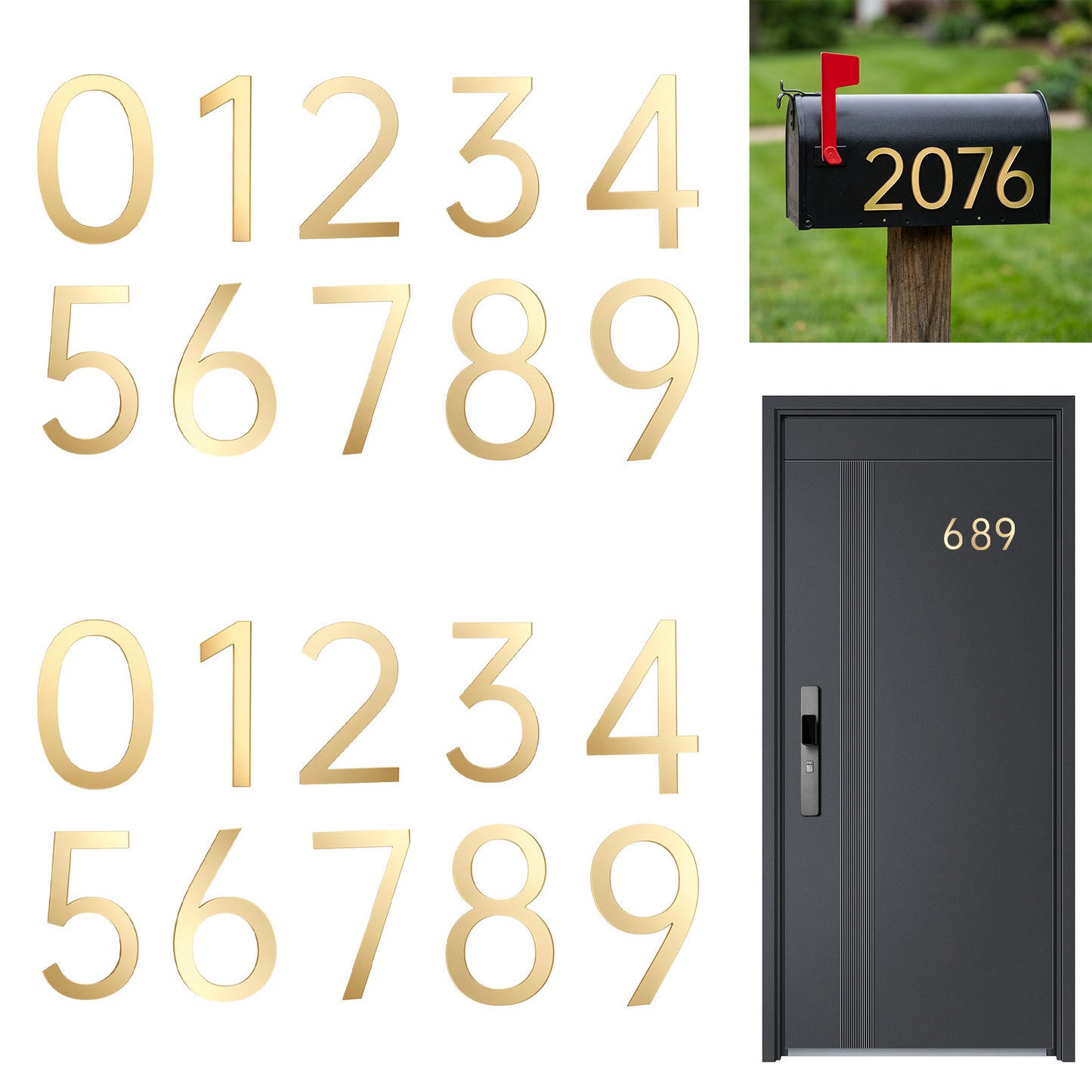 20PCS Gold Acrylic Mailbox Numbers, 2 Sets 0-9, Weatherproof Self-Adhesive House Numbers, 3D Reflective for Residence, Outside Mailbox, Apartment, Office