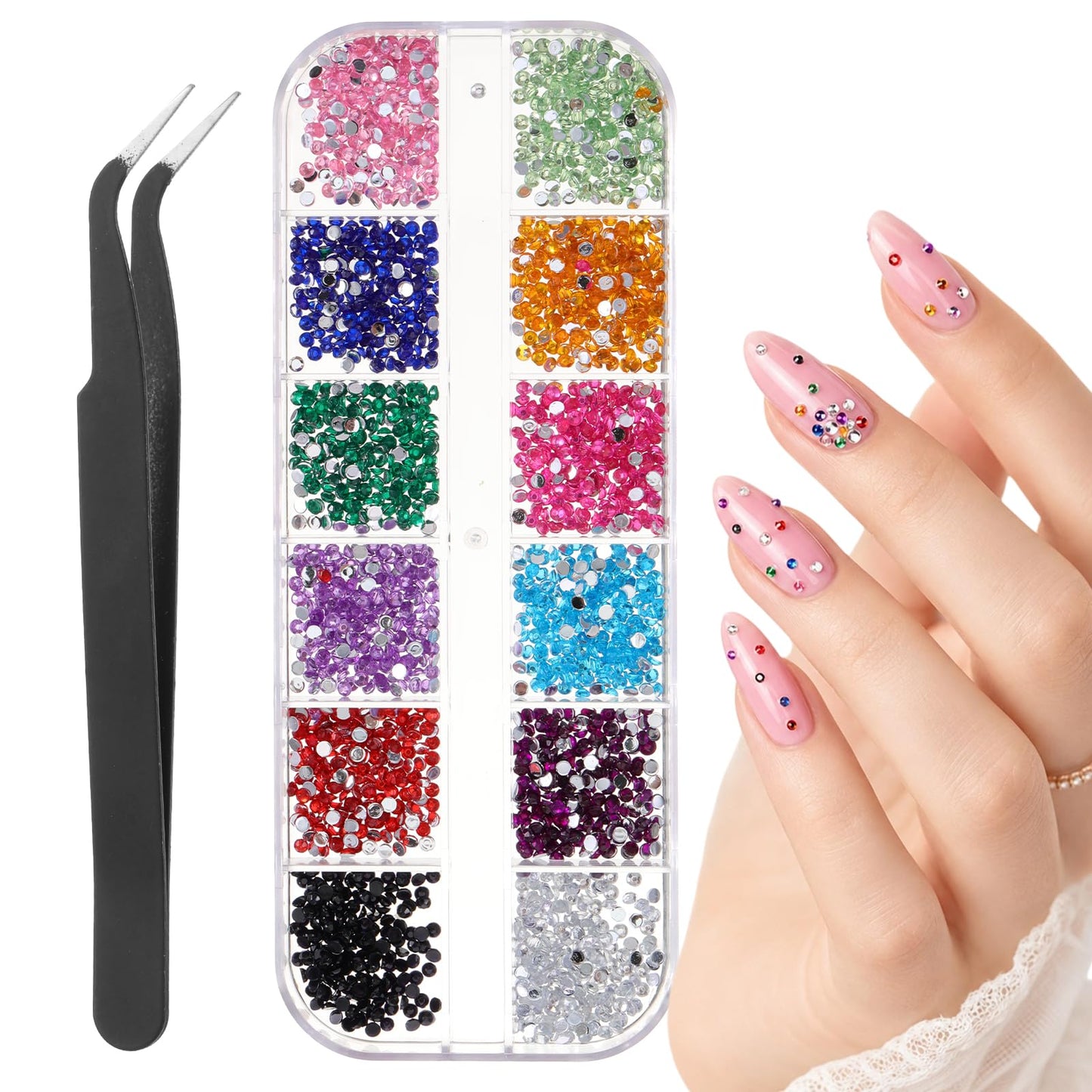 3000pcs Colorful Rhinestones for Nails, 2mm Colorful Nail Gems for Nail Art