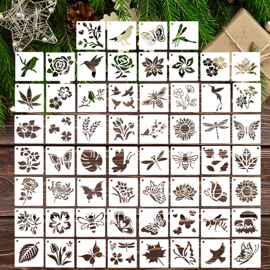 ASTER Stencils, 60 Pcs Reusable Flower Templates for Painting, 3 Inch Stencil Templates of Bird, Bee, Butterfly, Dragonfly, Leaves for DIY Art Crafts
