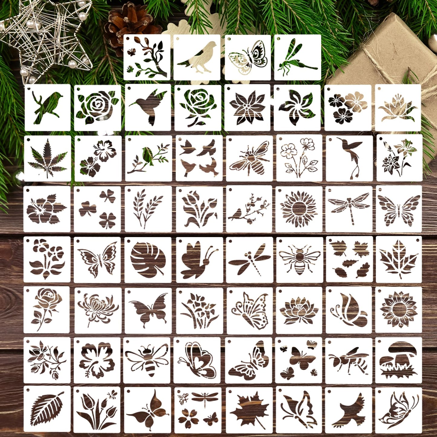 ASTER Stencils, 60 Pcs Reusable Flower Templates for Painting, 3 Inch Stencil Templates of Bird, Bee, Butterfly, Dragonfly, Leaves for DIY Art Crafts