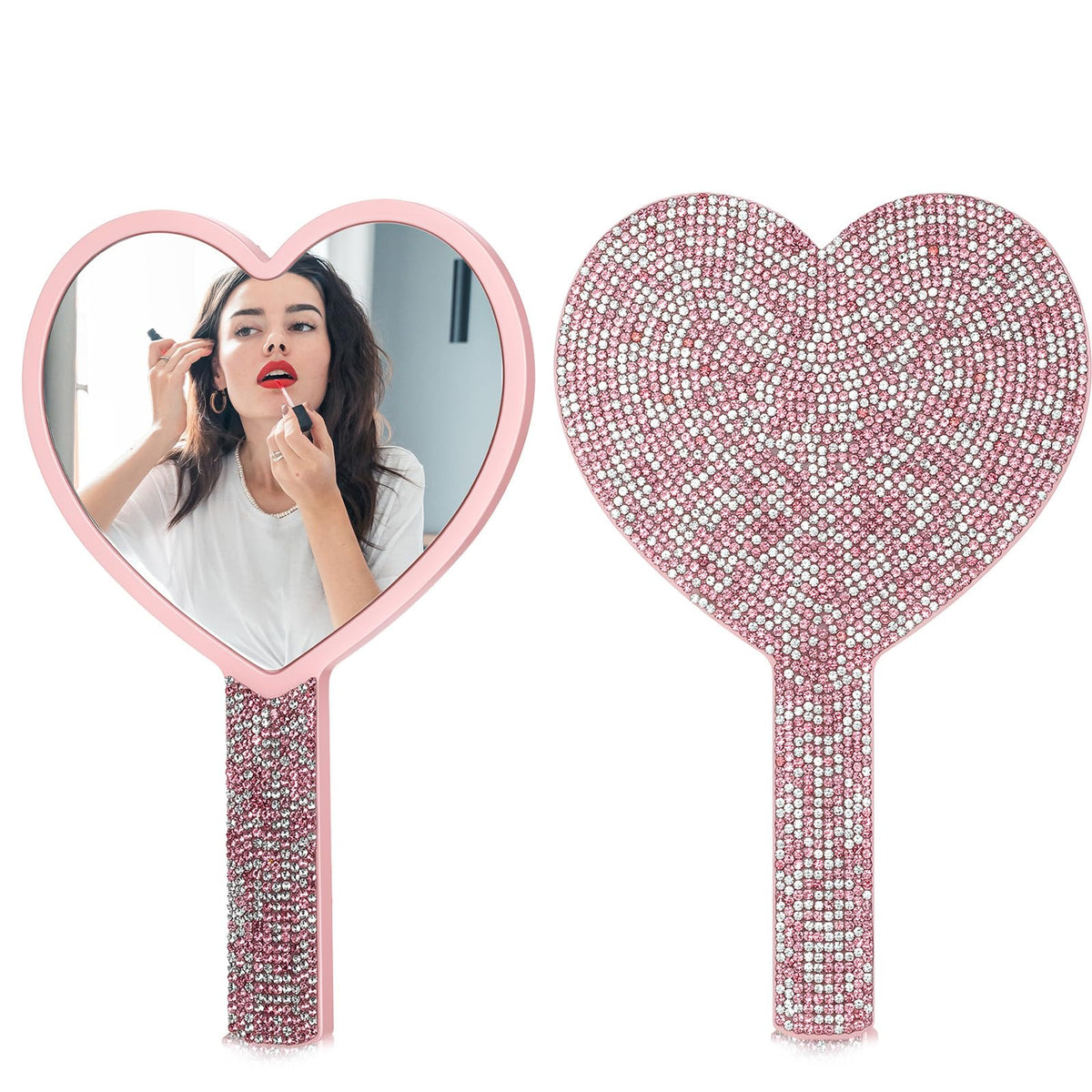Falzqq Rhinestone Heart Handheld Mirror, Shine Pink Hand Mirror with Handle