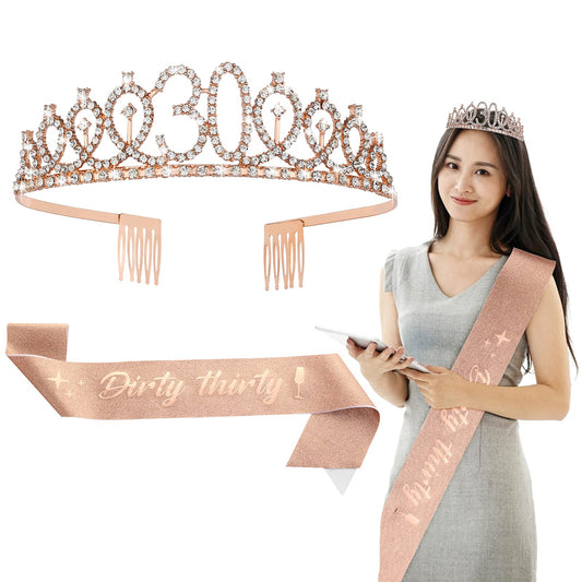 ASTER 30th Birthday Sash and Tiara Rose Gold Rhinestone Crowns Kit for Women 30th Birthday Gift Party Decorations Supplies