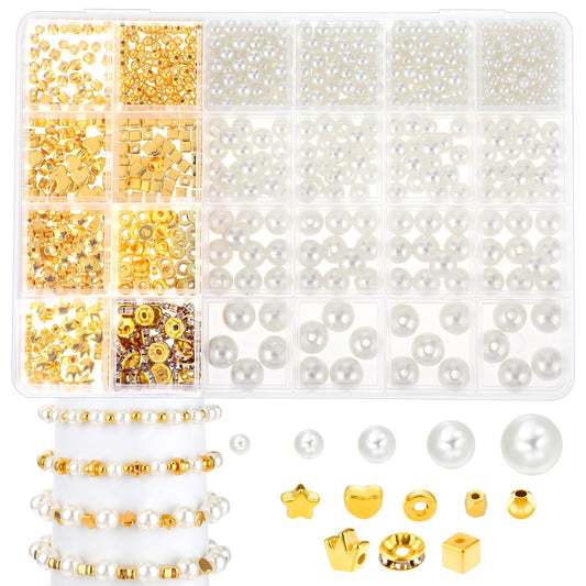ASTER 970 Pieces Bracelet Making Kits for Adults, 5 Size Pearl Beads and Round Flat Gold Spacer Beads for Jewelry Making, Necklace Jewelry Crafts Gift DIY for Adults Kids Women Girls