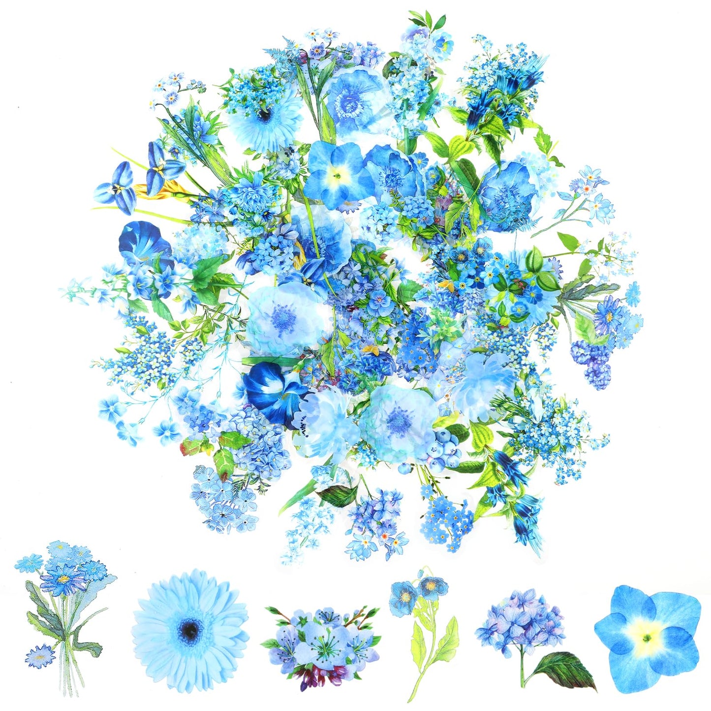 100 Flower Scrapbooking Stickers, PET Transparent Plant Stickers, Vintage Colourful Flower Stickers, Flower Stickers for Scrapbook, Photo Album, Diaries, Laptops, Cards (Blue)