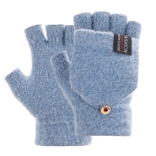 Thinp Fingerless Gloves for Women and Men, Winter Gloves Warm Wool Knit Flip Fingerless Gloves with Cover Convertible Mittens Knitted Gloves (Light Blue)