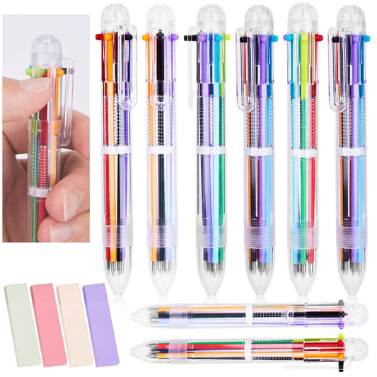 ASTER 8 Pack Multicolor Ballpoint Pen, 0.5mm 6-in-1 Retractable Multi Colour Pen with Note Pad, 6 Colors Transparent Barrel Ballpoint Pens for Office School Supplies Students Children Gift