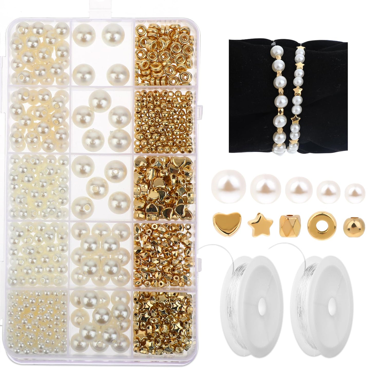 ZEYIYER Pearl Beads, 4/6/8/10/12 Mm Pearl Beads Kit for Bracelet Making, Bracelets Making Kit Pearls and Gold Beads with Crystal Wire for Bracelet Making, Mixed DIY Jewellery Making Beads