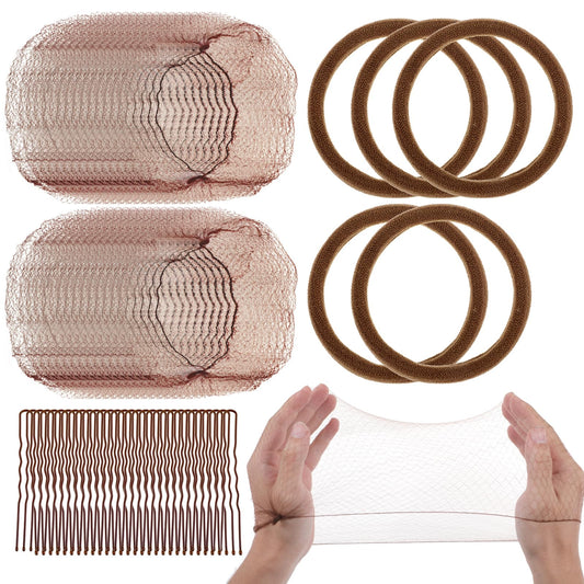 LLOUSSAK 65 Piece Hair Net Set, Stretchy Hair Net Bun Curry Hair Net for Sleeping, Invisible Ballet Hair Net with U Clips and Stretchy Headband for Ballet Dancers, Nurses, brown, L50
