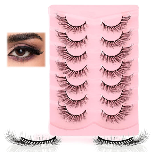 Aster 7 Pairs Cat Eye Lashes, False Eyelashes, Fluffy Faux Mink Lashes, Wispy Eye Lashes, Curl Fake Lashes, Natural Strip Lashes, Soft Lightweight False Eyelashes for Women, Girl(19MM)