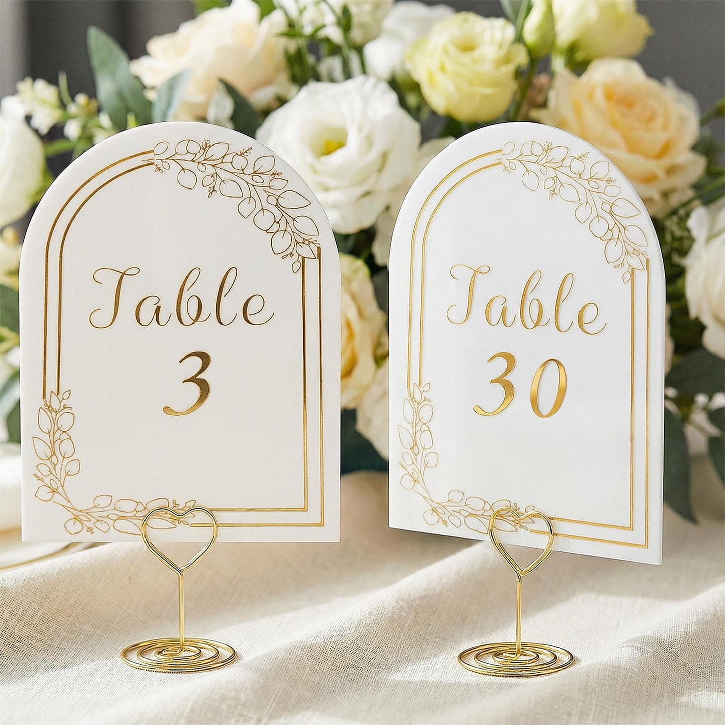 Arch Table Numbers 1-30 Plus Head Table, 5.9x3.9 Inch Gold Foil Embossed Card Stock, Double-Sided Intricate Gold Leaf Accents Wedding Reception Centerpiece Decor for Party Event