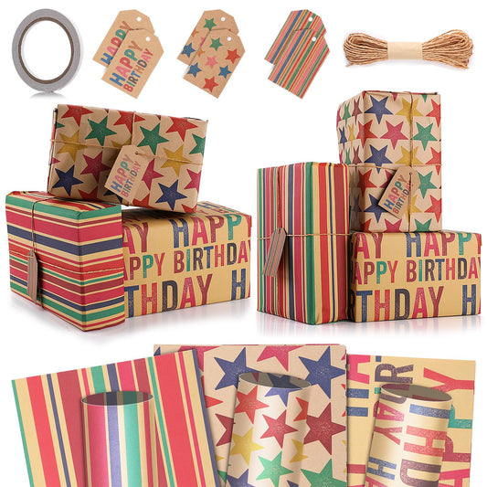 Aster 6 Sheets Happy Birthday Wrapping Paper, Recyclable Kraft Wrapping Paper Birthday, Brown Folded Paper for All Birthday Occasions, Wrapping Paper Roll with Jute Strings, Gift Tags and Tape