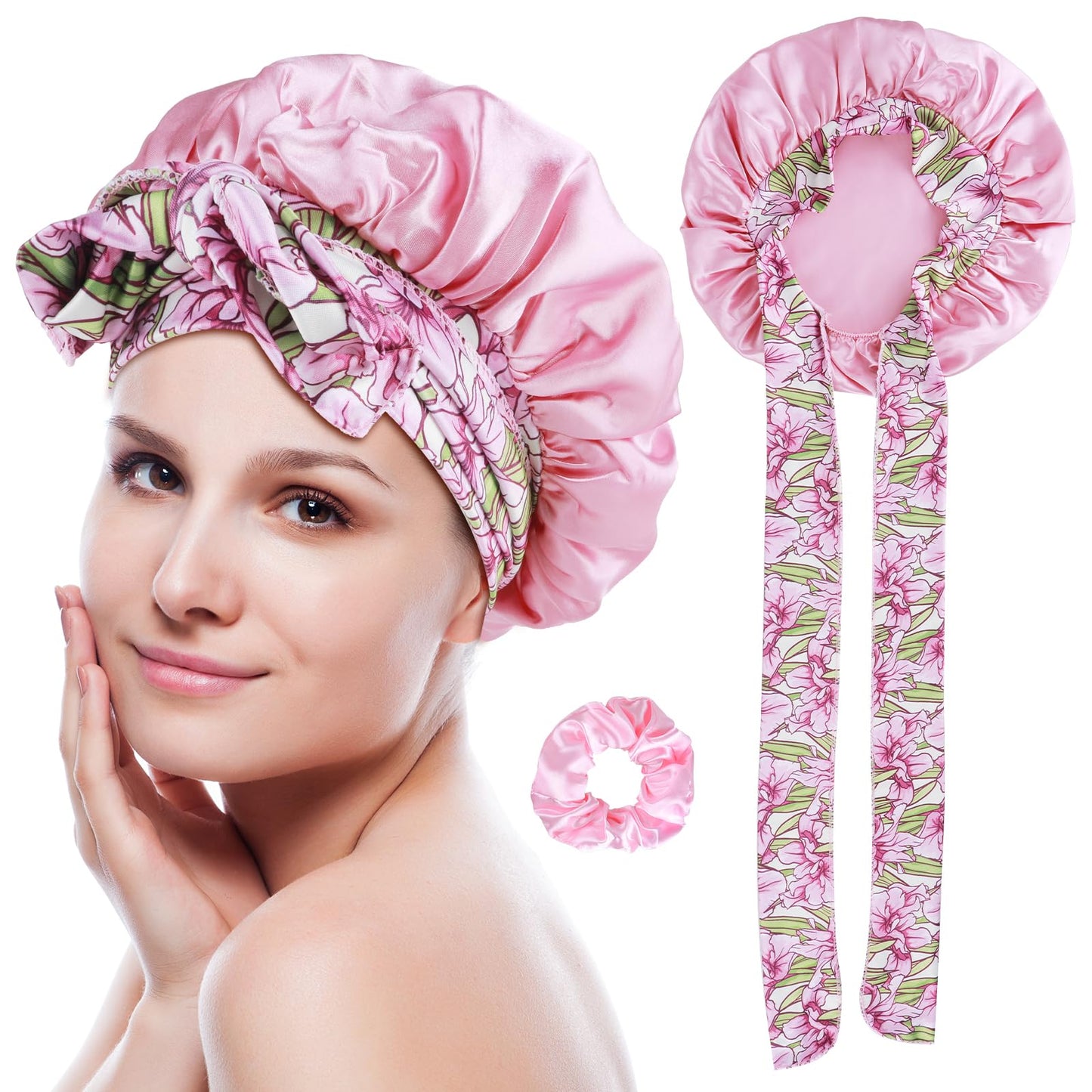 1 x Silk Bonnet Sleep Cap, Printed Silk Sleep Cap, Silk Hood for Sleeping, Adjustable Night Sleep Hat, Soft Satin Hair Cap with Elastic Band, Non-Slip Bonnet Sleep Cap for Women, pink, 43-56