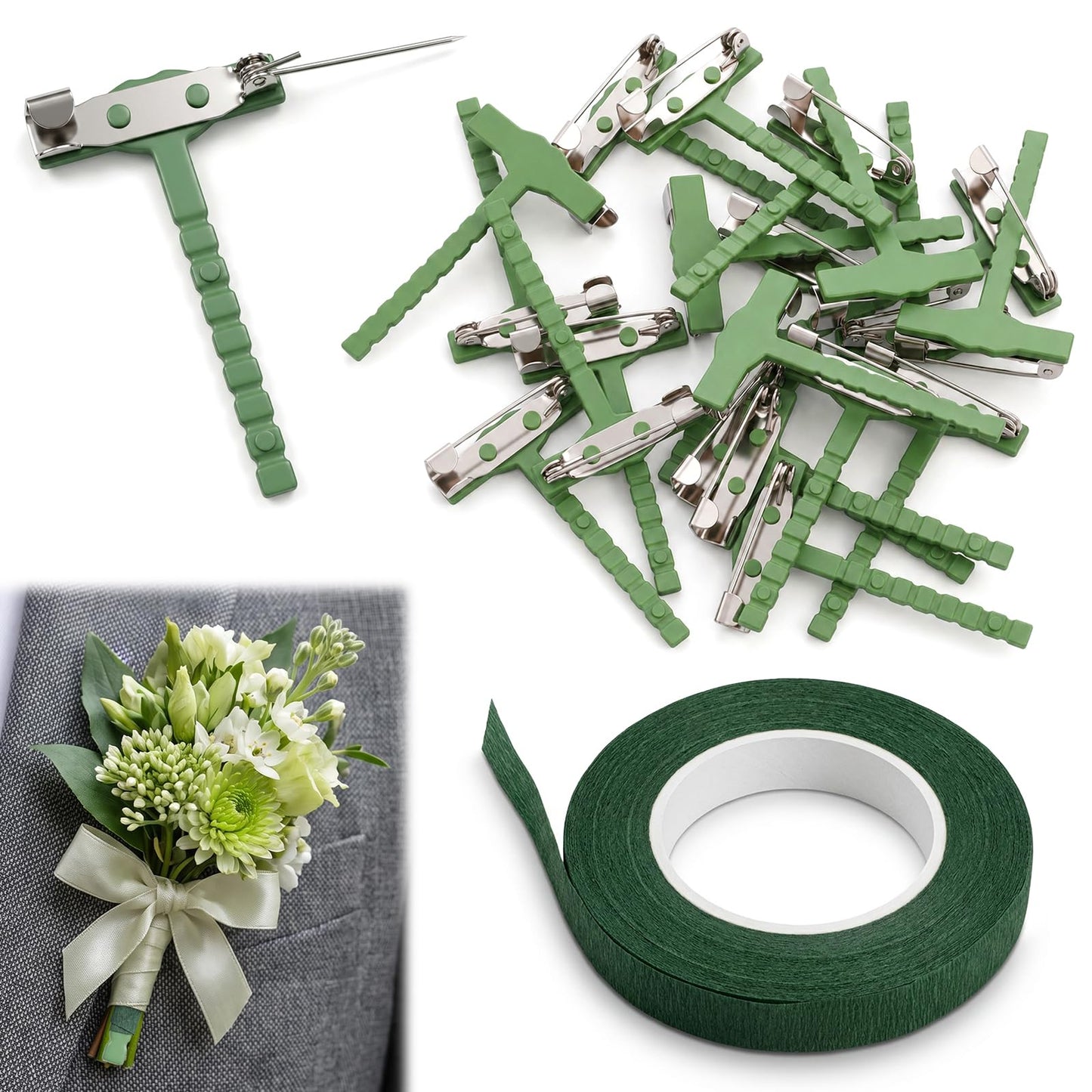 20 PCS Green Boutonniere Pins, T-Shaped Corsage Pins with Floral Tape