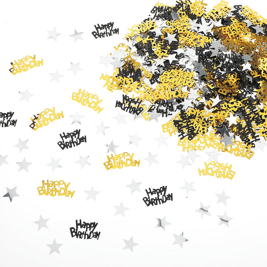 Aster 3000 Pcs Birthday Star Confetti, 30g Black Gold HAPPY BIRTHDAY Confetti, Silver Star Confetti, Metallic Glitter Foil Sprinkles Table Confetti for Birthday Party Decorations